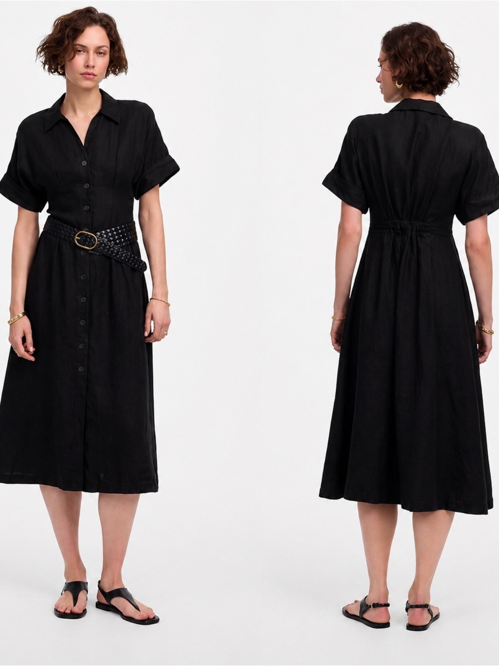 Madewell Linen Pleated Shirtdress Short Sleeve Black Size Small Relaxed Fit Midi - Picture 4 of 13